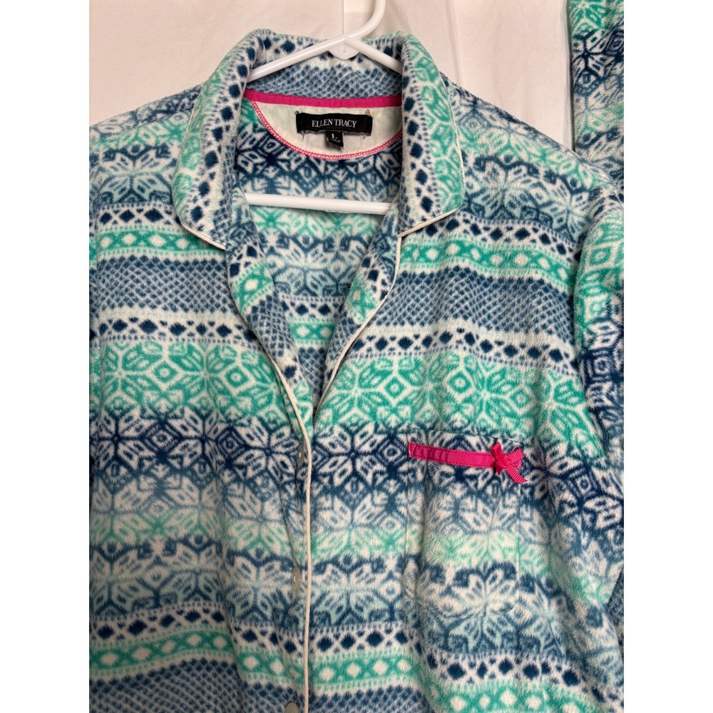 Ellen Tracy Women Teal Blue Fair Isle Fleece Pajama Set Long Sleeve Pants Large - Picture 3 of 8